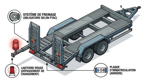 Remorque porte-engin : frein et plaque