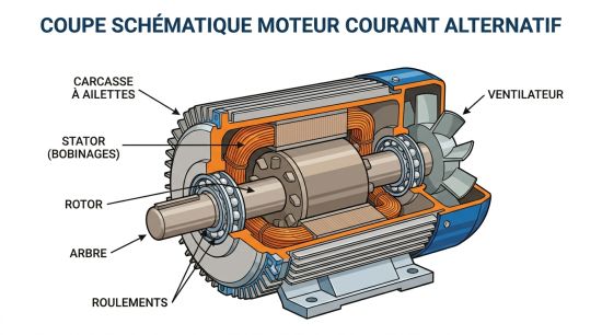 Coupe schématique moteur courant alternatif