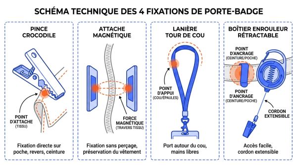 Schéma des 4 fixations de porte-badge