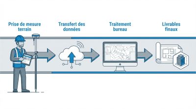 Schéma linéaire illustrant le flux de travail topographique : de la prise de mesure terrain au traitement bureau jusqu'aux livrables finaux.