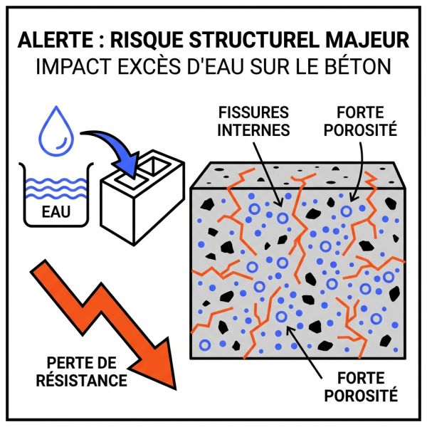 Impact excès eau résistance béton porosité