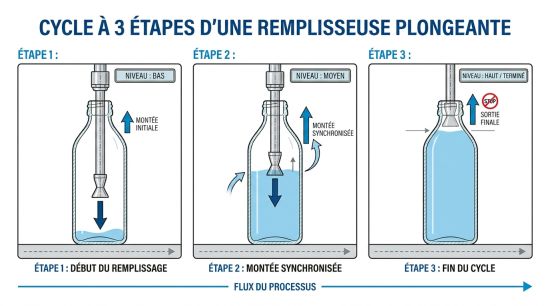 Cycle à 3 étapes d'une remplisseuse plongeante