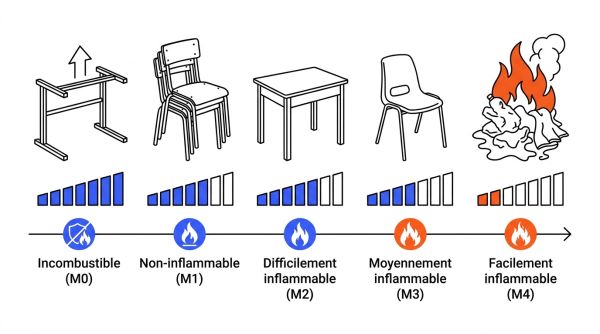Échelle de classement au feu M0 à M4 pour le mobilier scolaire