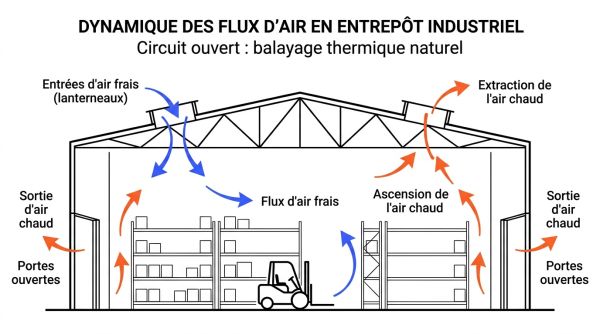 Flux d'air en entrepôt industriel
