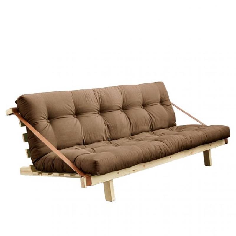 Banquette futon JUMP en pin massif - Coloris mocca - Couchage 130x190 cm - Design scandinave avec lanières en cuir_0
