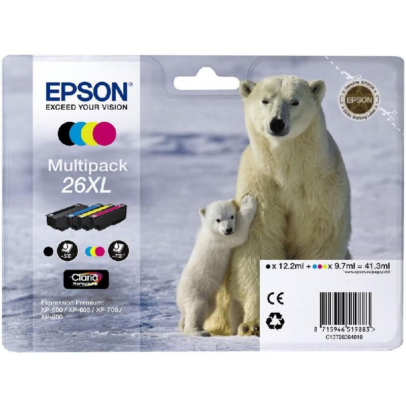 EPSON CARTOUCHE D'ENCRE OURS POLAIRE 26XL (C13T26364010) - CLARIA PREMIUM - MULTIPACK - GRANDE CAPACITÉ - COULEUR: NOIR, CYAN, JAUNE, MAGENTA