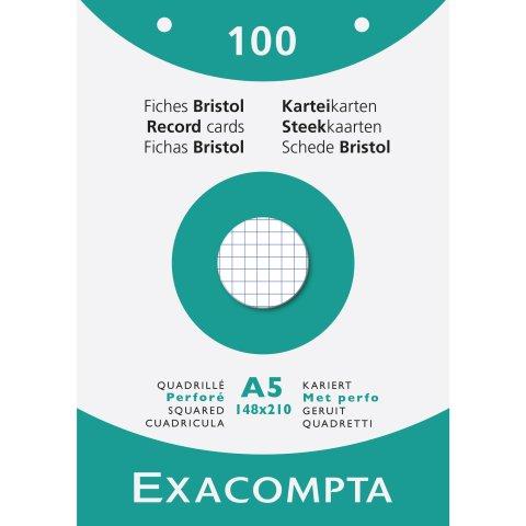 FICHE BRISTOL 148 X 210 MM QUADRILLÉE 5 X 5 BLANCHE PERFORÉE EXACOMPTA - BOÎTE DE 100