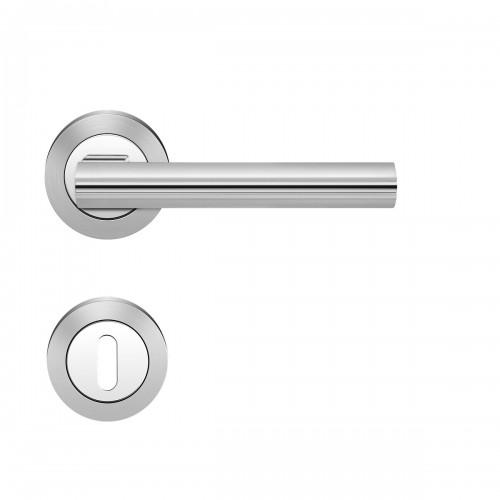 POIGNÉES DE PORTE SUR ROSACES RONDES SÉRIE R 220 CHICAGO - CHROMÉ SATINÉ - CLÉ L KARCHER DESIGN
