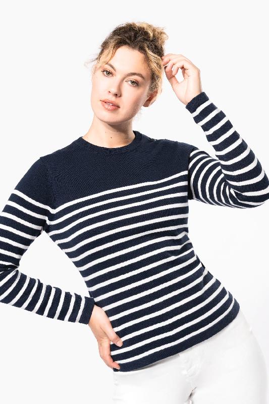Pull marin femme Kariban - Réf: K990 - 100% coton, ouverture épaule gauche, Striped Navy / Off White_0