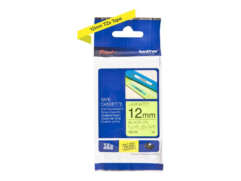 RUBAN POUR PTOUCH LAMINÉ NOIR/JAUNE FLUO12MMX8M TZEC31