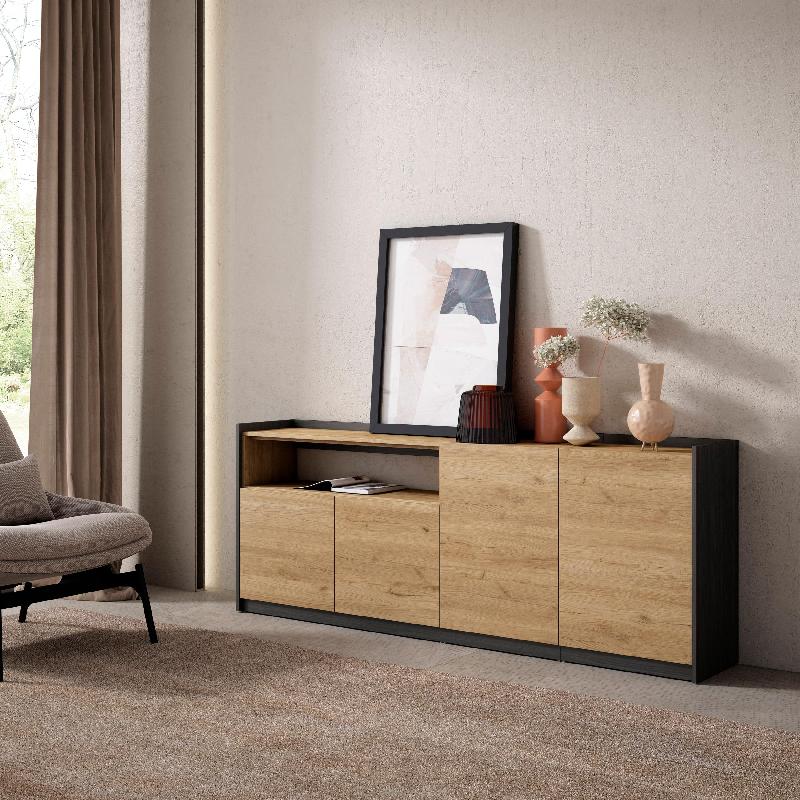 SKRAUT HOME - BUFFET SALON ET CUISINE, 207X80X37 CM, 4 PORTES, MEUBLE CHAUSSURE, CHÊNE ET NOIR