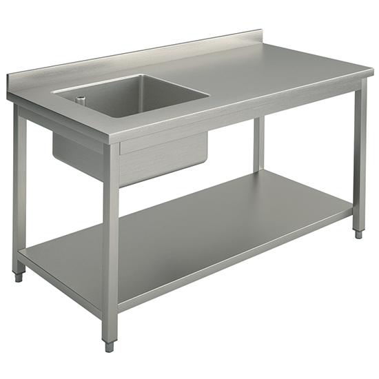 Table inox de travail avec bac à gauche, avec dosseret, avec étagère, 1300x700 mm - DTRVAS713_0