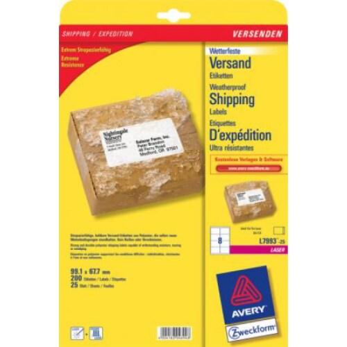 AVERY 200 étiquettes d'expédition ultra résistantes, blanches, format 99,1 x 67,7 mm (25 feuilles A4 / cdt) - 4004182049204_0