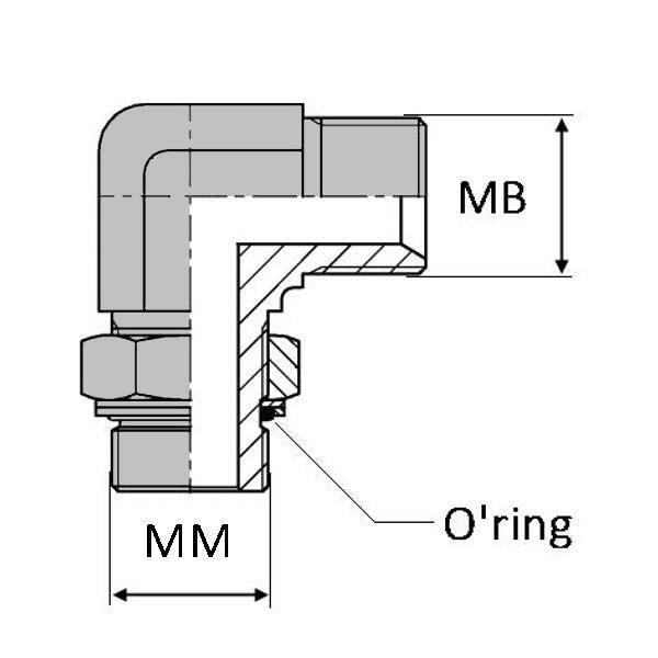 Coude 90° orientable mâle BSP x mâle ISO - CMBSP1/8 / MI10X100 avec joint o'ring et bague anti-extrusion_0