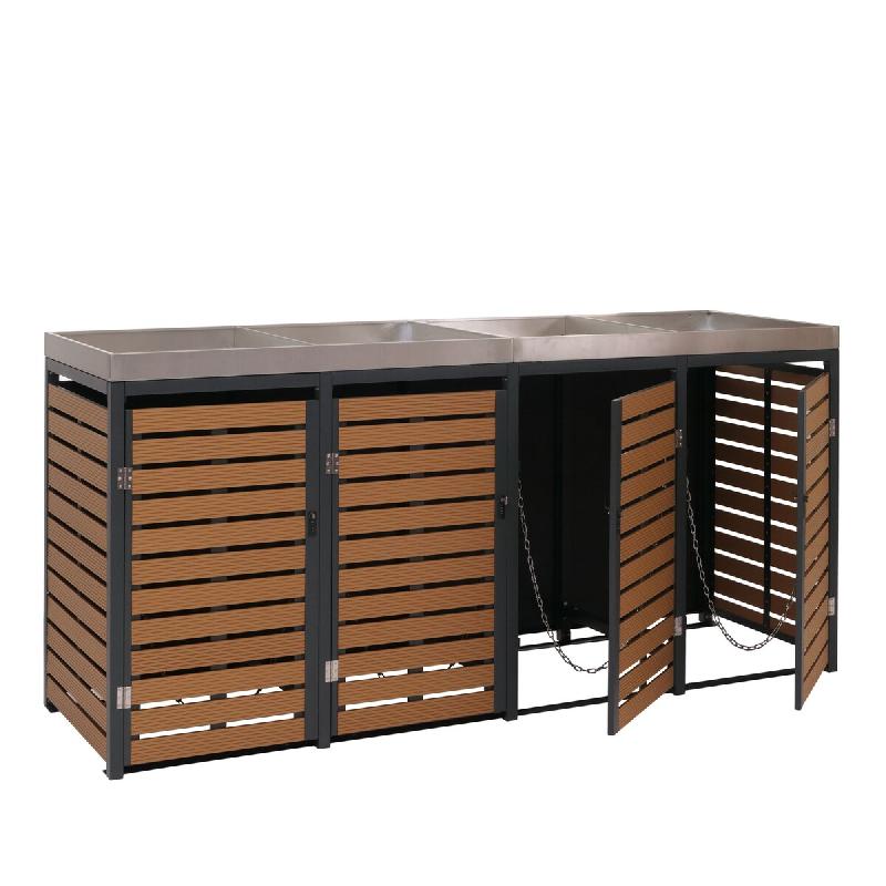 Décoshop26 - Abris poubelles 4 compartiments avec bac à plantes 124 x 265 x 84 cm WPC acier inoxydable et acier galvanisé aspect 04_0007559 - inox_0