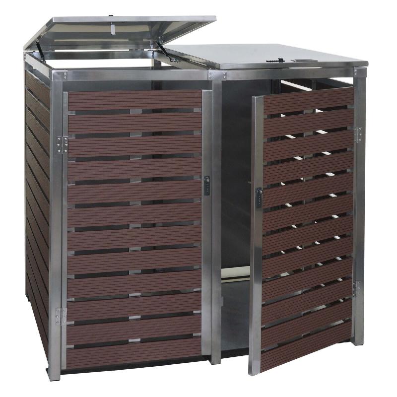Mendler Habillage pour 2 poubelles HWC-K14, Box pour poubelles, 119x134x84cm WPC acier inoxydable 78kg ~ aspect bois de noyer - marron métal 87680+87_0