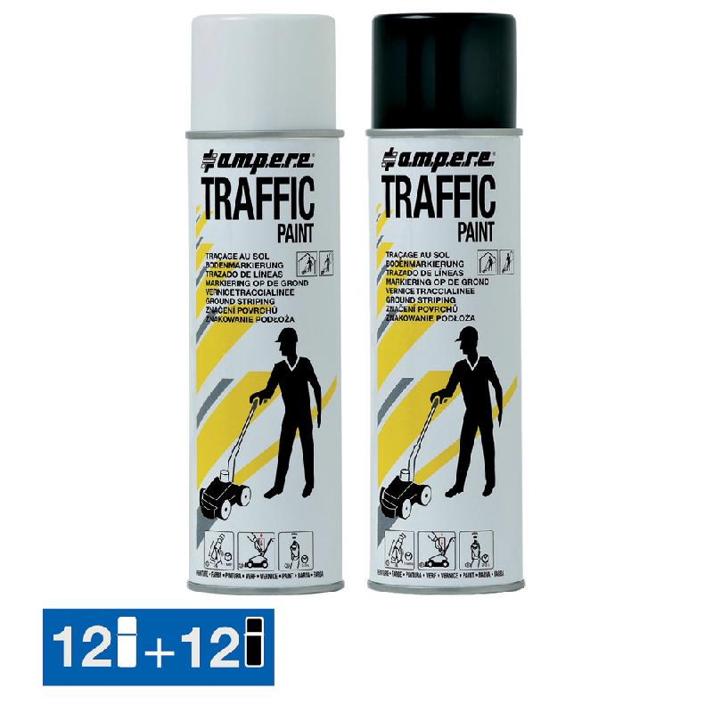 PEINTURE AÉROSOL TRAFFIC AMPERE 500 ML POUR TRAÇAGE, LOT DE 12 BLANCS + 12 NOIRS
