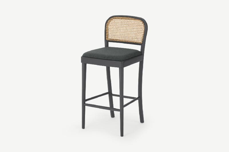 Tabouret de bar Raleigh - gris charbon et rotin - design moderne avec cannage - hauteur siège 69 cm_0