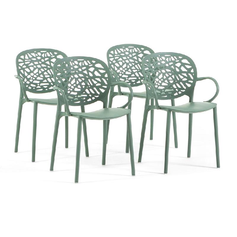 RATTATAN Lot de 4 chaises d'extérieur avec accoudoirs empilables en polypropylène dossier ajouré design naturel pour jardin terrasse bar restaurant_0