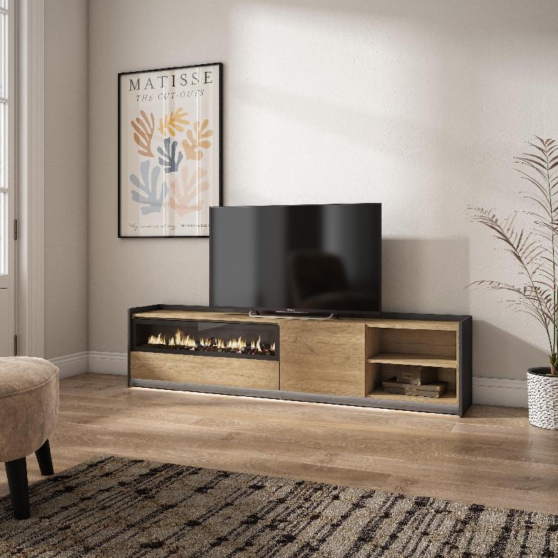 SKRAUT HOME - MEUBLE TV EFFET BOIS DE CHÊNE ET NOIR 207X37X50CM CHEMINÉE EFFET FEU