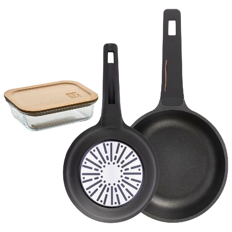 BERGNER - Jeu de Poêles Ø20/24 cm en Aluminium Coulé Compatible Induction avec Boîte Hermétique 650 ml en Verre Borosilicate - PK9564_0