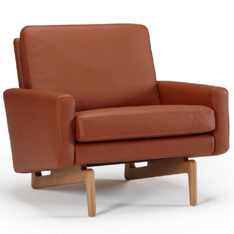 FAUTEUIL DESIGN SCANDINAVE EGSMARK PIÉTEMENT EN CHÊNE CUIR COGNAC_0