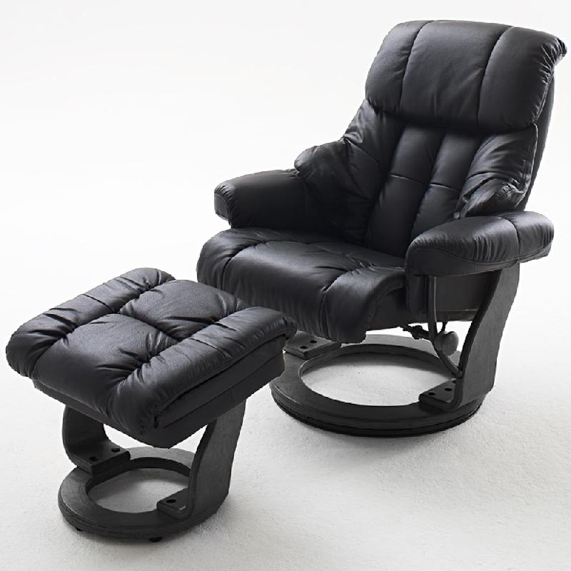 Fauteuil relax CLAIRAC - Assise en cuir noir, pied en bois noir, avec repose-pied, inclinable à 135° et pivotant à 360°_0