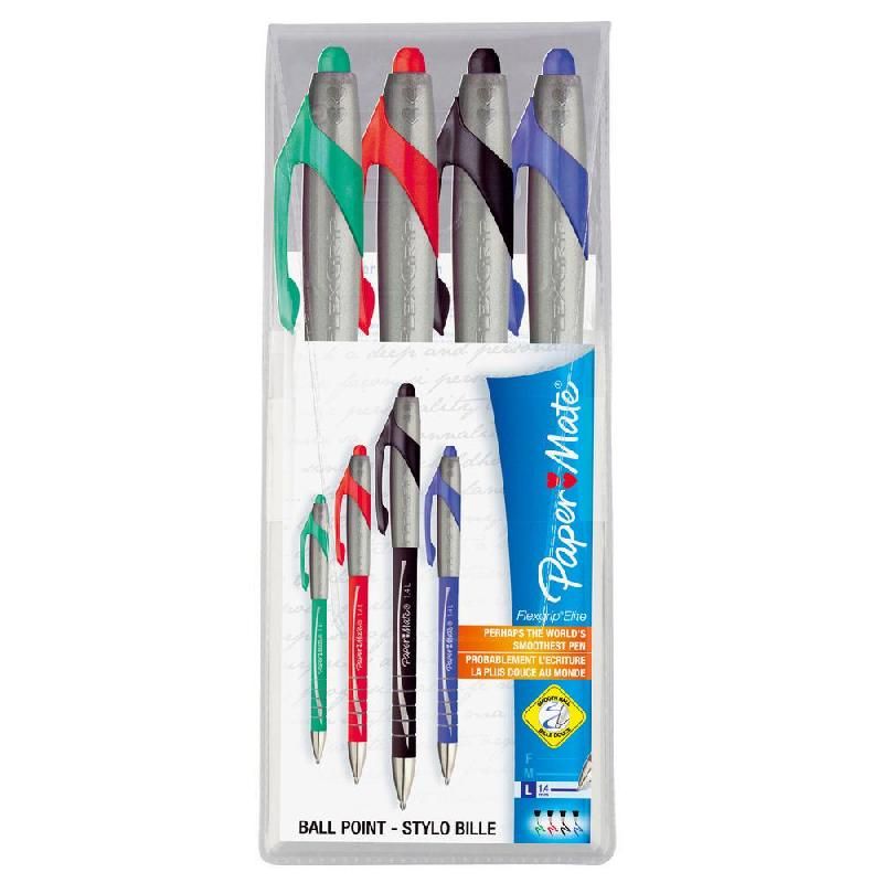 PAPER MATE STYLO BILLE RÉTRACTABLE FLEXGRIP® ELITE, ÉCRITURE LARGE 1,4 MM COLORIS ASSORTIS (NOIR, ROUGE, BLEU, VERT) - POCHETTE DE 4