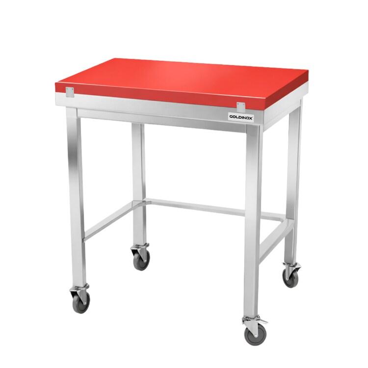 Table de travail en inox 600x600 mm avec plaque de découpe rouge et renfort sur roulettes PREMIUM - GOLDINOX - gris inox 3701770843695_0