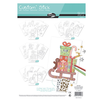 CUSTOM STICK A COLORIER ET DECORER AVEC GOMMETTES - THEME NOEL - A4 - SACHET DE 20 FEUILLES
