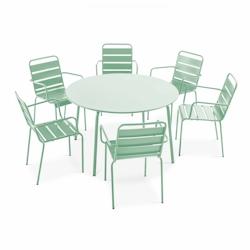 Oviala Business Ensemble table de terrasse ronde et 6 fauteuils acier vert sauge - Oviala - vert acier 109254_0