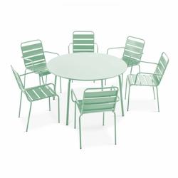 Oviala Business - Ensemble table ronde et 6 fauteuils en acier vert sauge - Salon de terrasse Palavas - Résistant et design_0