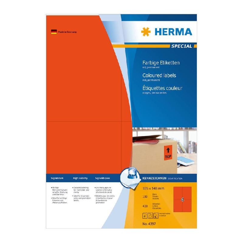 HERMA ETIQUETTES COULEUR - HERMA - COLORIS : ROUGE -  105 X 148 - BOITE DE 400 ÉTIQUETTES