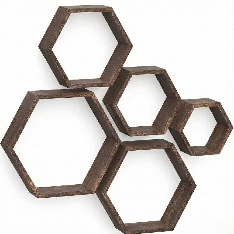 IvoQ Hexagon Étagères Murales Lot de 5 - Bois FSC - Marron Rustique - Décoration Murale Flottante - 8721335300413_0