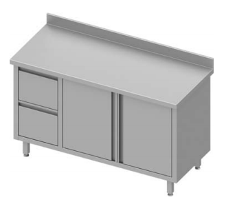 Meuble bas table de travail inox adossée avec deux tiroirs  à gauche portes battantes 1300x600x900 - 930326130_0
