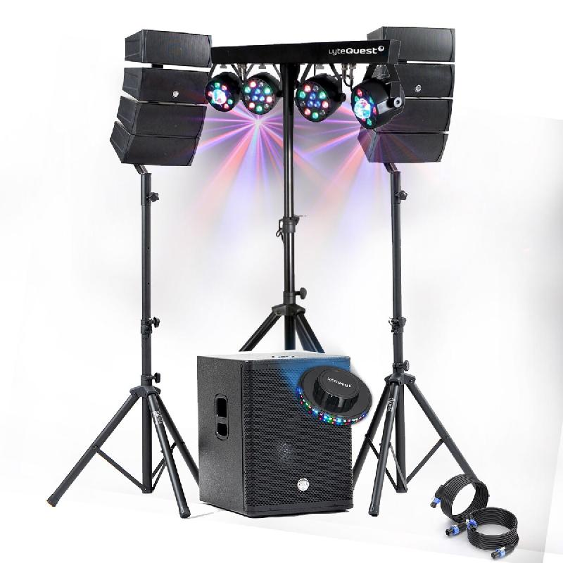 Pack Sono DJ 1200W complet BM SONIC Enceintes +SUB 38cm USB/Bluetooth, Câbles, Portique Eclairage LED, UFO, Bar Salle des fêtes - 3666638037770_0
