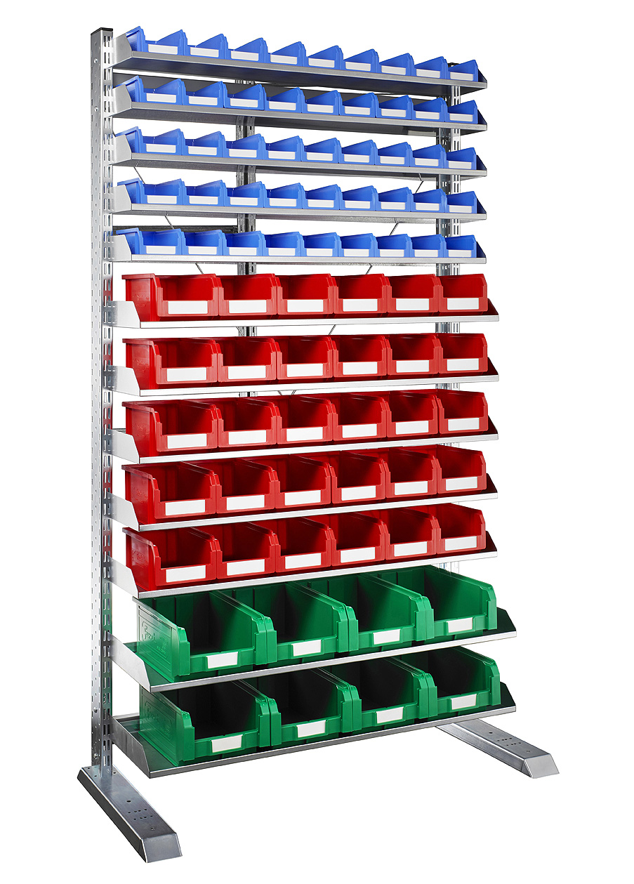 RAYONNAGE KANBAN AVEC 83 BACS À BEC SUR PIÈTEMENT