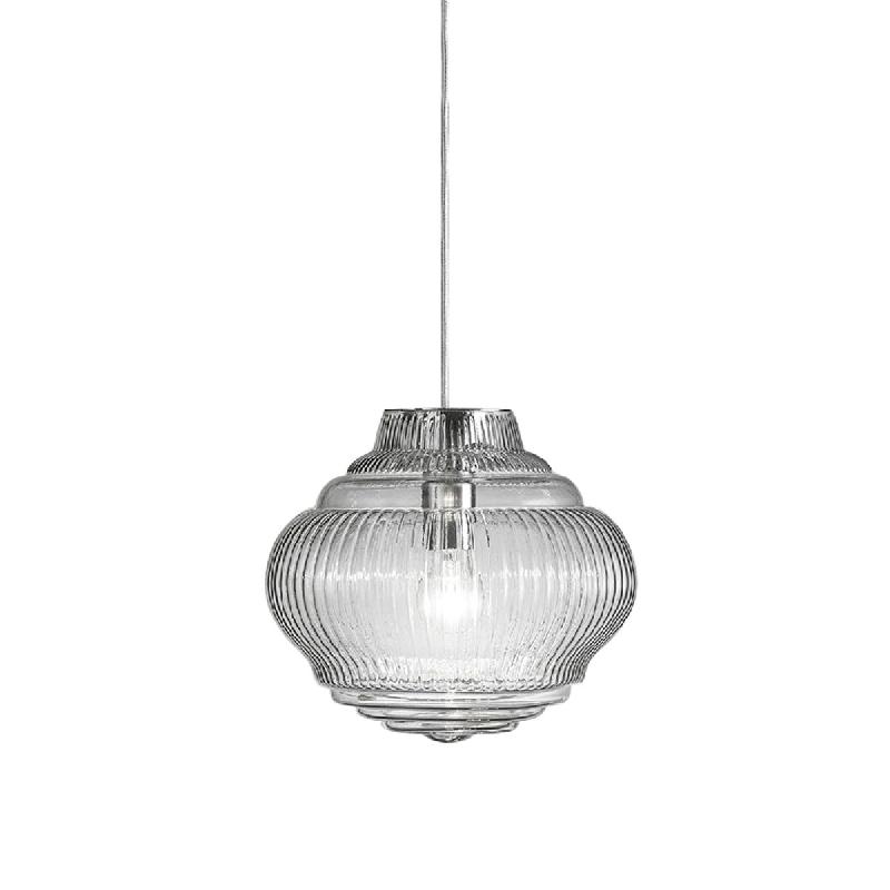 Zafferano Bonnie Suspension en verre soufflé transparent avec traitement rigadin, structure en métal gris, hauteur 313 cm, douille E27, idéale pour_0