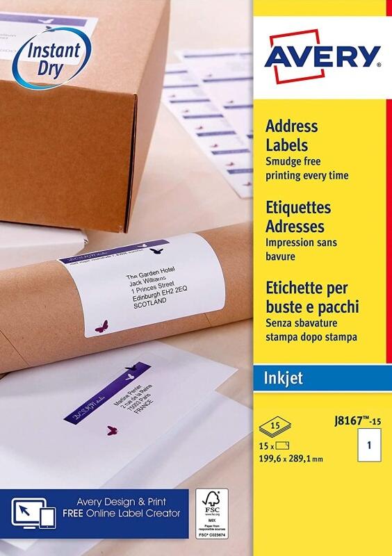 AVERY 15 étiquettes Jet d'encre blanches, format 199,6 x 289,1 mm (15 feuilles / cdt) - 5014702138201_0