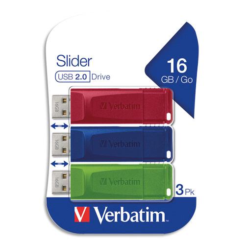 CLES USB 2.0 VERBATIM - RETRACTABLE - 16 GO - ROUGE/BLEU/VERT - PACK DE 3