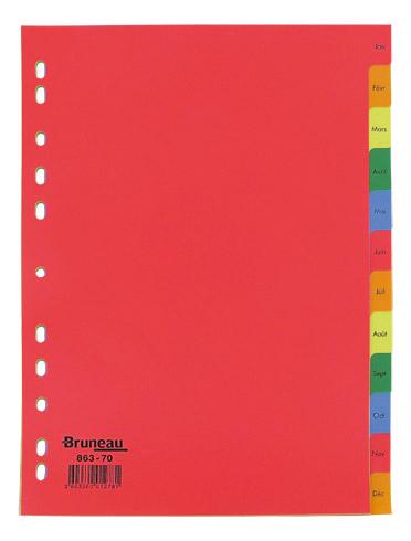 LOT DE 2 - INTERCALAIRE A4 POLYPROPYLÈNE COLORÉ BRUNEAU 12 ONGLETS MENSUELS MULTICOLORES - 1 JEU