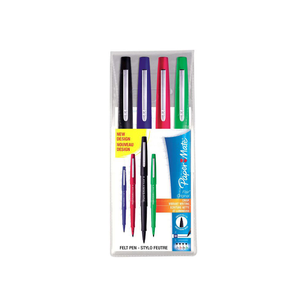 PAPERMATE NYLON FLAIR - POCHETTE DE 4 - COLORIS STANDARD : BLEU, NOIR, ROUGE, VERT