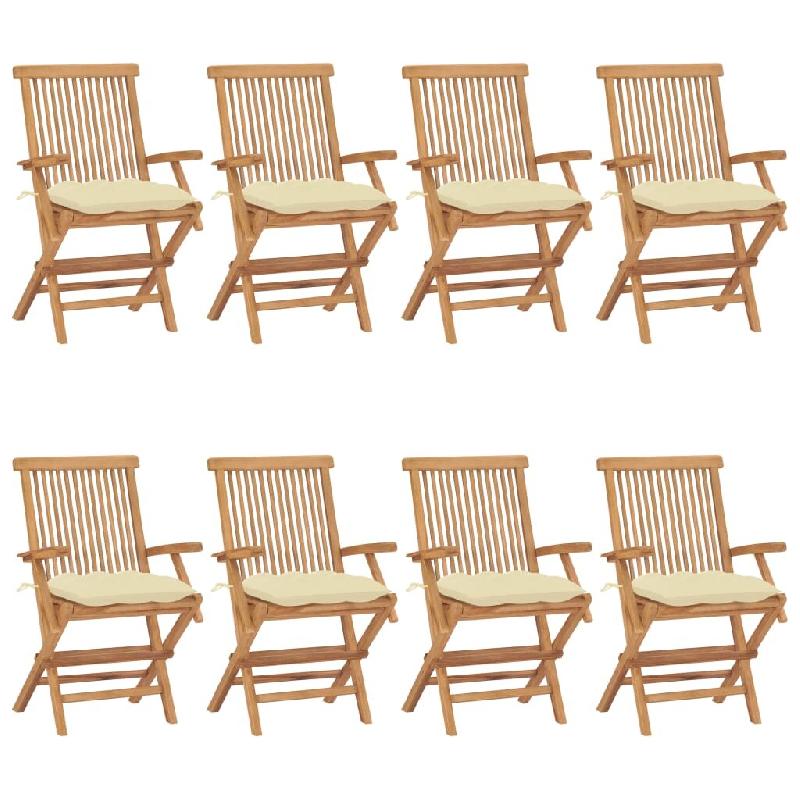 VidaXL Chaises De Jardin Et Coussins Blanc Crème Lot De 8 Teck Massif - blanc 3072906_0