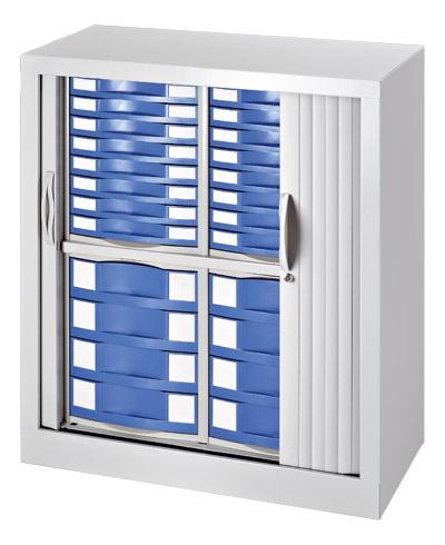 ARMOIRE MONOBLOC À RIDEAUX H 100 CM GRIS CLAIR - 24 TIROIRS BLEUS