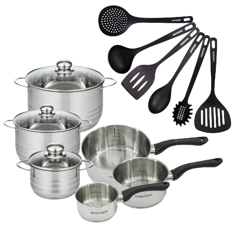 Batterie de cuisine avec 3 casseroles 12/16/20 cm et 3 faitouts 16/20/24 cm avec 6 ustensiles de cuisine sans PFAS Fackelmann Généva Brillant Fénix_0