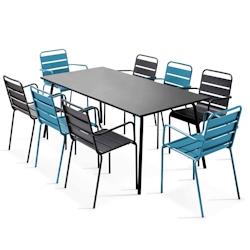 Oviala Business Ensemble table de jardin et 8 fauteuils en métal bleu pacific et gris - bleu acier 106044_0
