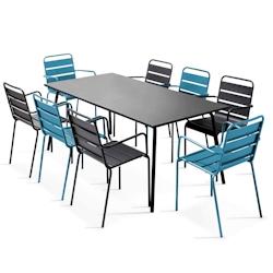 Oviala Business Ensemble table de terrasse et 8 fauteuils en métal bleu pacific et gris - bleu acier 106044_0