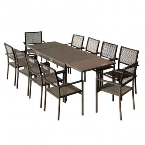 ENSEMBLE TABLE DE JARDIN EXTENSIBLE ALUMINIUM 135/270CM + 10 FAUTEUILS EMPILABLES EN CORDE ANTHRACITE -YERAZ AVRIL PARIS
