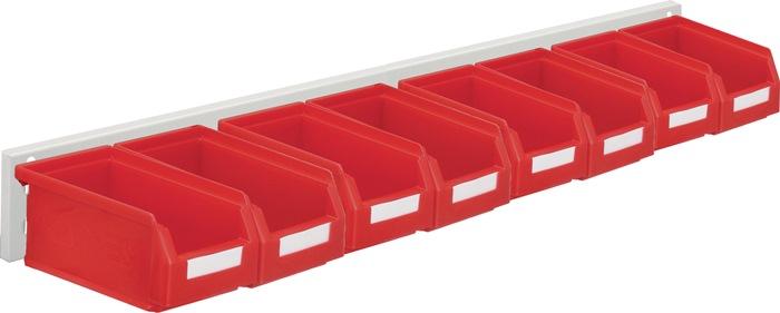 Jeu de boîtes de rangement ouvertes - tôle d'acier/polyéthylène, revêtement plastique rouge, 8 x taille 7 - rail mural l 920 mm avec panneau perforé_0