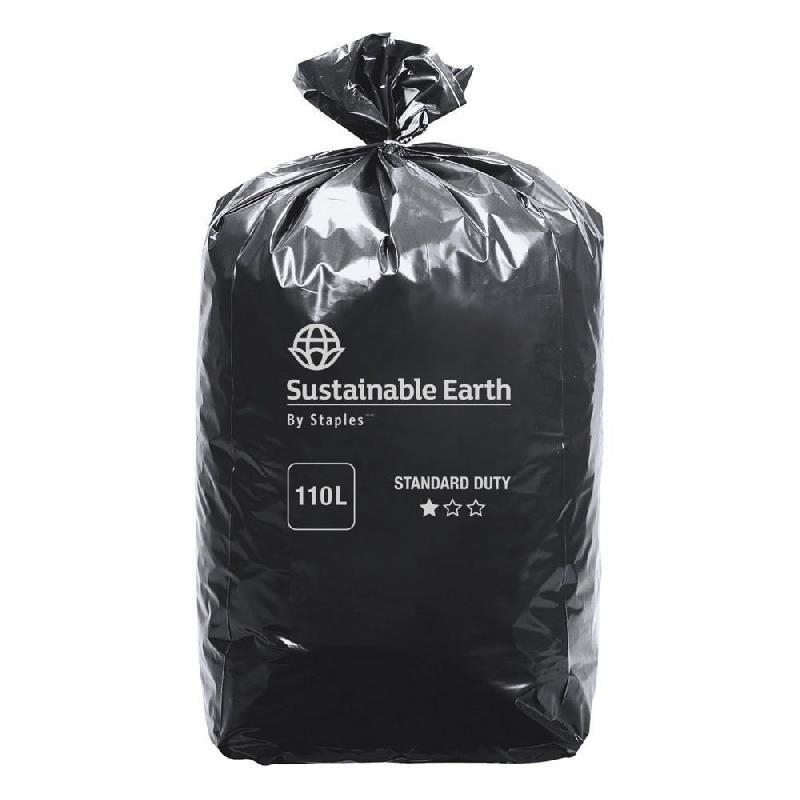 SUSTAINABLE EARTH BY STAPLES SACS POUBELLE RECYCLÉS À USAGE STANDARD, 110 L, NOIR, 25 UNITÉS PAR ROULEAU